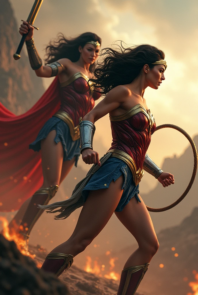 Wonder Woman with the Queen of the Amazons in battle.