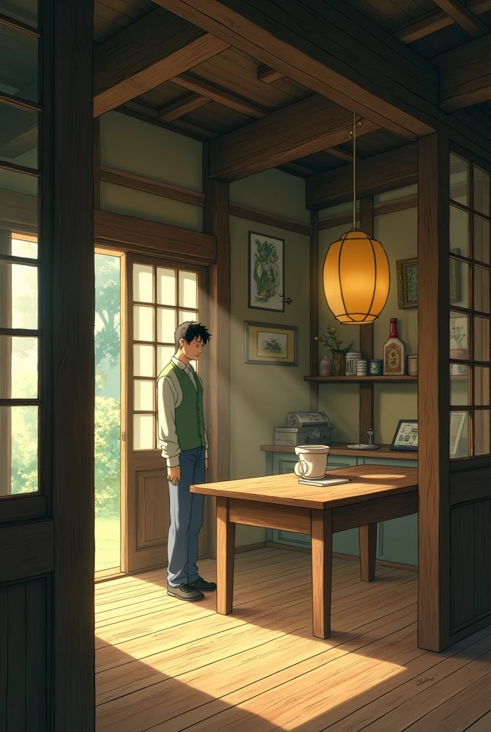 the house inside, Ghibli studios style, the house is the same old way, there's a man standing by a table.