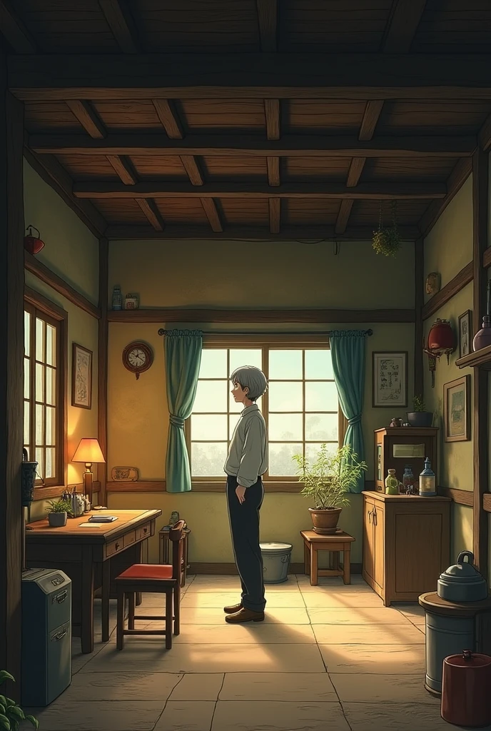 the house inside, Ghibli studios style, the house is the same old way, there's a man standing by a table.