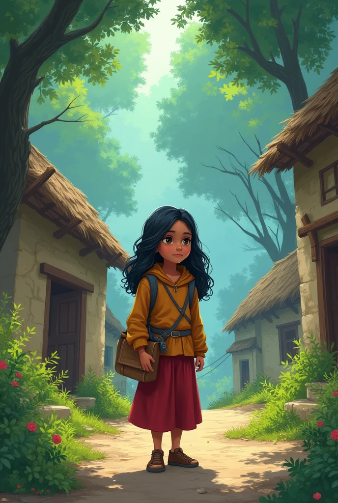 - Noor in the Village:**
"Illustrate a brave, intelligent twelve-year-old girl named Noor in a small, peaceful village. She has a determined look on her face as she gazes towards a distant, mystical forest. Around her are simple village homes, and villagers gossiping about a magical treasure hidden deep within the woods. Noor is packing a small bag with food, water, and a sword that belonged to her grandfather, preparing herself for an adventure."