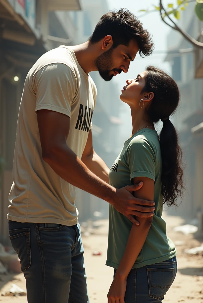 One tall boy and small lady wearing Raju name tshirt by boy and amisha name tshirt by girl and boy is going to kich girl her butt
