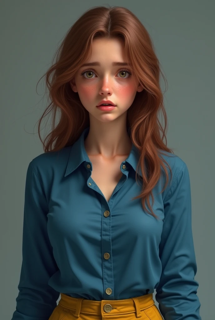 best qualityer, it works, (realisitic: 1,2), 1womanl, chestnut hair, 正面, face detailed, lost and confused appearance blue shirt and yellow pants.