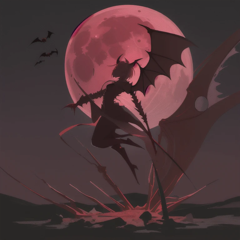 Blood Red Moon, Silhouette of A Person, Floating Infront Of The Moon In A Distance, Vampire Wings, Blood and Skeletons on The Ground, Huge Glowing White Spear Held By The Figure, 4k, Masterpiece