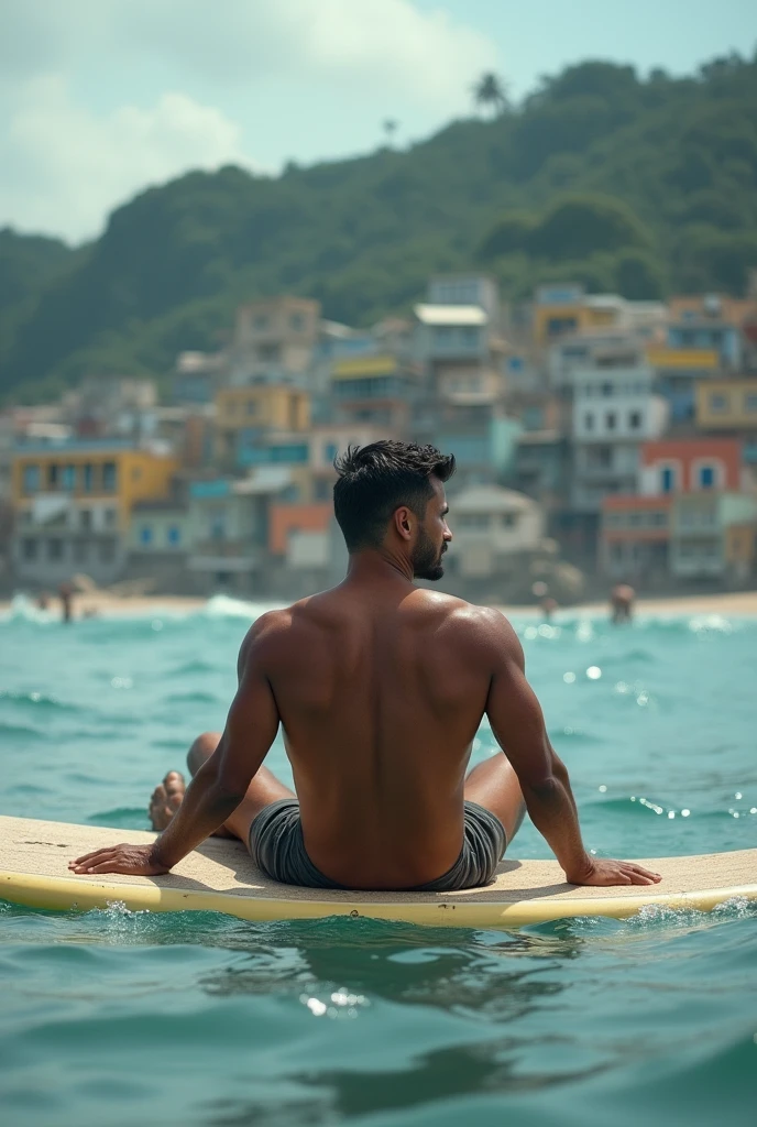 wide shoot of just the back of a kinda muscular favela, brazilian dude sitting of an surfing board at the ocean, looking to the left, he has a V low fade.and a small brazilian mustache