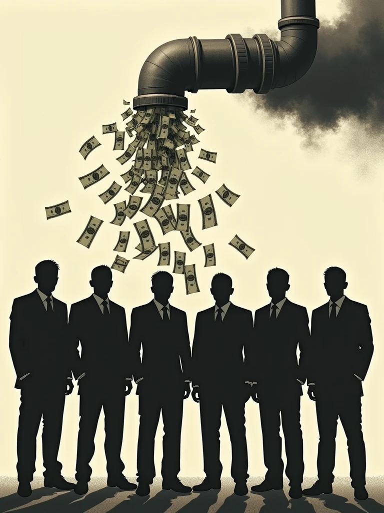 6 humans, next to each other, not clear, just your figure, silhuette, There are only six people, a pipe spewing money in the background, the bills are shown coming out of the pipe -variation-