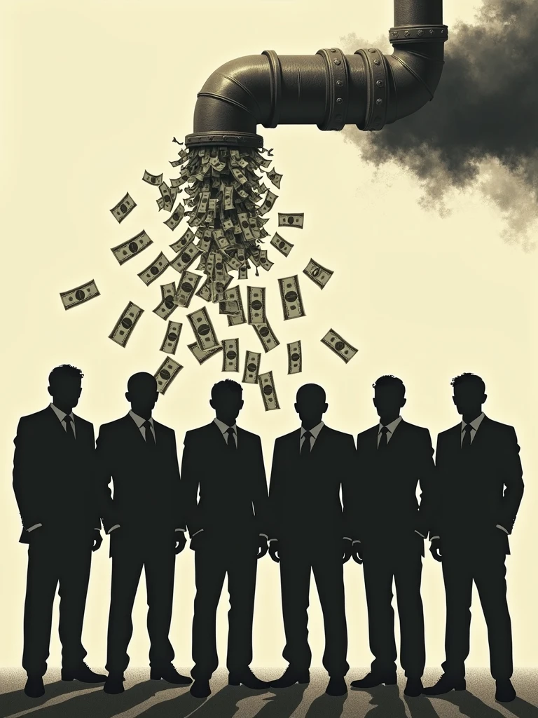 6 humans, next to each other, not clear, just your figure, silhuette, There are only six people, a pipe spewing money in the background, the bills are shown coming out of the pipe -variation-