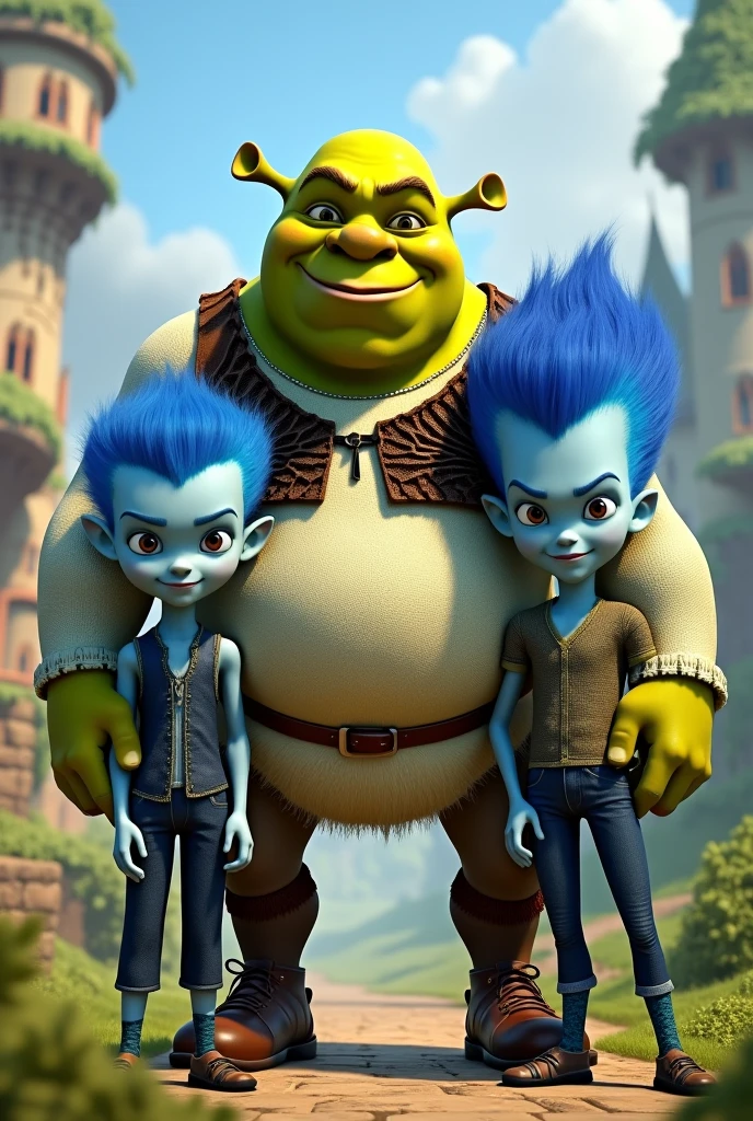 Shrek with 3 blue megamind children