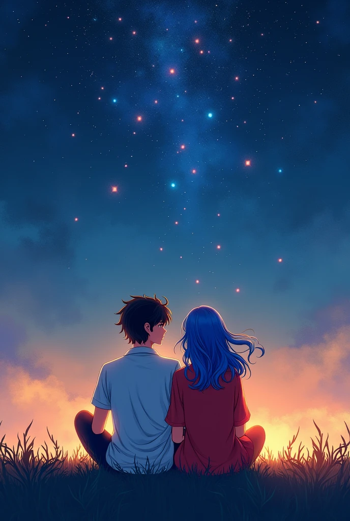 A book cover, a couple in love sitting on a lawn, the boy with black hair and the girl with dyed blue tips, both looking at the stars,
The boy dressed in a white shirt and the girl in a red shirt