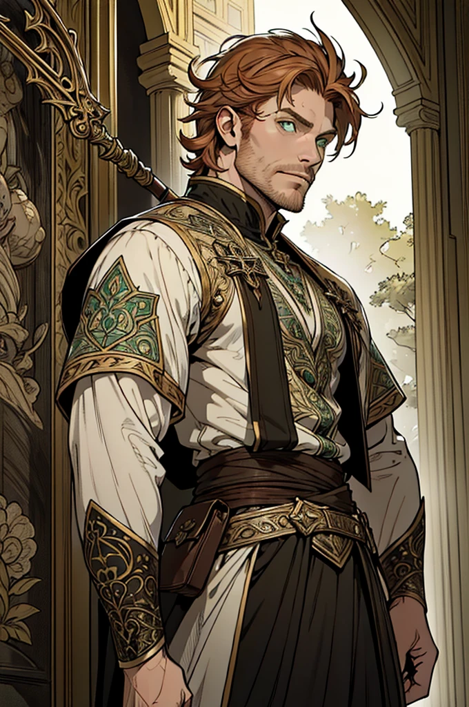 (masterpiece),(Very detailed),(Very detailed),(best quality), perfect lighting, fantasy man, 40 years old, solo, staff ((short messy ginger hair)), muscle, correct proportions, details, tall, stunning, beautifull face, green eyes, fantasy clothing, animated style, perfect face, highest detail, stubble, detailed face, intricate details, concept caracter