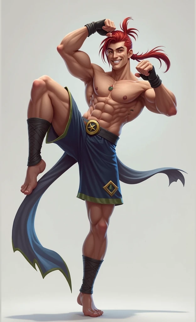 handsome moba character muai thai fighter with red hair and a scar in the nose and the chest, tied back hair , making a fighting pose smiling, arms above head, charming character , young adult, white background , digital painting, game artwork splash art, full body view