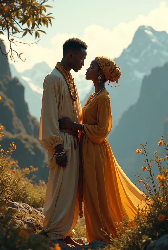 Skiny somali boy with good dress and his somali girl freind taking romatic in beautiful mountain 