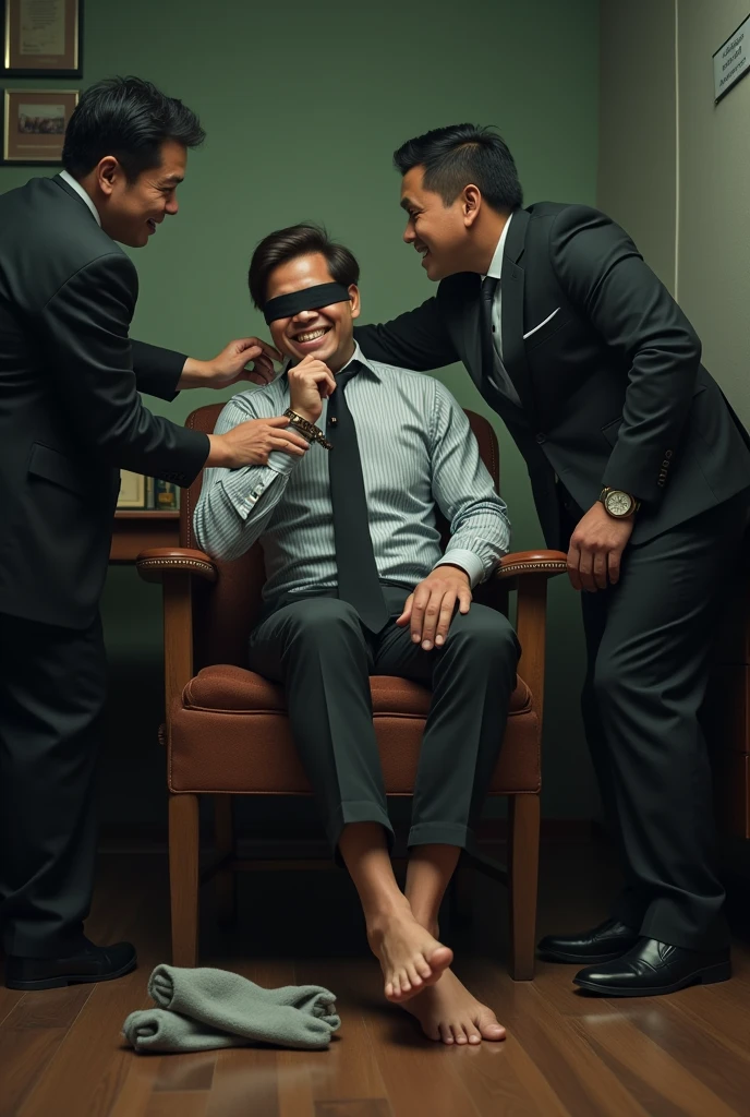Malaysia malay handsome 23years lawyer
Shoeless
Rub his feet
His handcuff in woodenchair
Blindfolded
feet on desk
feather
Grey sock
2 mafia pinch nose
He laugh very hard