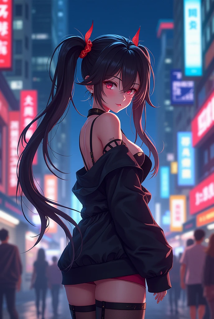 masterpiece, best quality, HuTaoV4, 1girl, solo, blush, twintails, long hair, hair between eyes, ((streetwear clothes)), city, outdoors, night, movie poster, extremely detailed 8K, smooth, high resolution, ultra quality, cinematic lighting, ambient occlusion, hd, 2k, 4k, 8k, 16k, extremely detailed anime, detailed faces, perfect composition, wide shot, atmospheric lighting, very sexy, lift skirt, uncensored, nsfw, sin censura