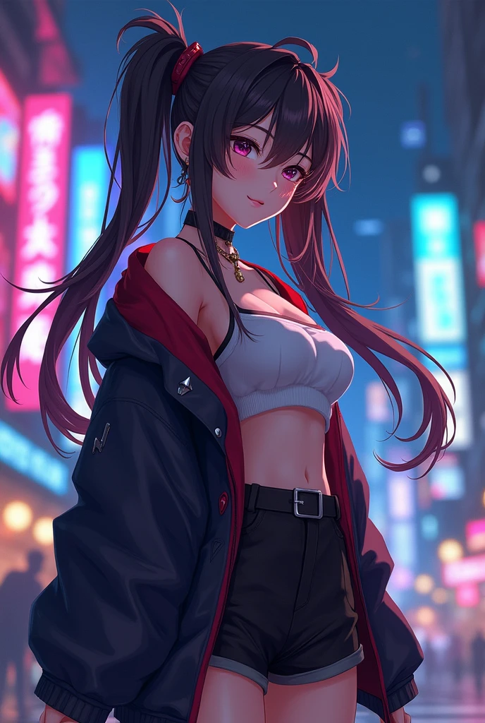 masterpiece, best quality, HuTaoV4, 1girl, solo, blush, twintails, long hair, hair between eyes, ((streetwear clothes)), city, outdoors, night, movie poster, extremely detailed 8K, smooth, high resolution, ultra quality, cinematic lighting, ambient occlusion, hd, 2k, 4k, 8k, 16k, extremely detailed anime, detailed faces, perfect composition, wide shot, atmospheric lighting, very sexy, lift skirt, uncensored, nsfw, sin censura