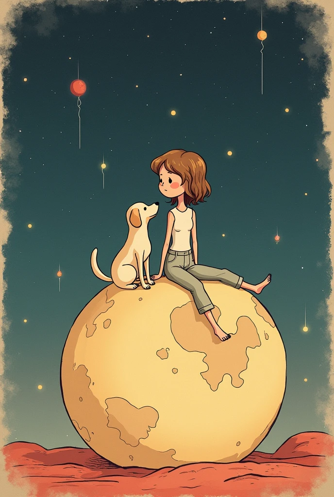 Little Prince style tattoo ideas adapted to a woman and her Labrador dog sitting on the moon