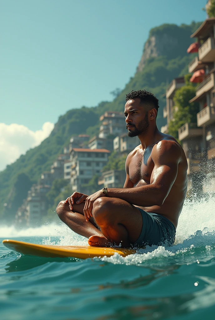 wide shoot behind of a kinda muscular favela, brazilian dude sitting of an surfing board at the ocean, looking to the left, he has a V low fade.and a small brazilian mustache