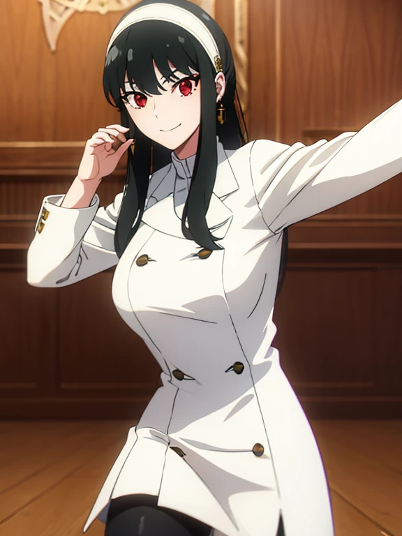 yorbriar, yor briar, black hair, (red eyes:1.5), earrings, gold hairband, hairband, long hair, sidelocks, (medium breasts:1.2), smile, BREAK White trench coat, black leggings, shiny leggings, white heel boots, BREAK indoors, BREAK looking at viewer, (cowboy shot:1.5), BREAK action pose, kicking at viewer, kicking,  fighting pose, martial arts, high_kick BREAK (masterpiece:1.2), best quality, high resolution, unity 8k wallpaper, (illustration:0.8), (beautiful detailed eyes:1.6), extremely detailed face, perfect lighting, extremely detailed CG, (perfect hands, perfect anatomy),
