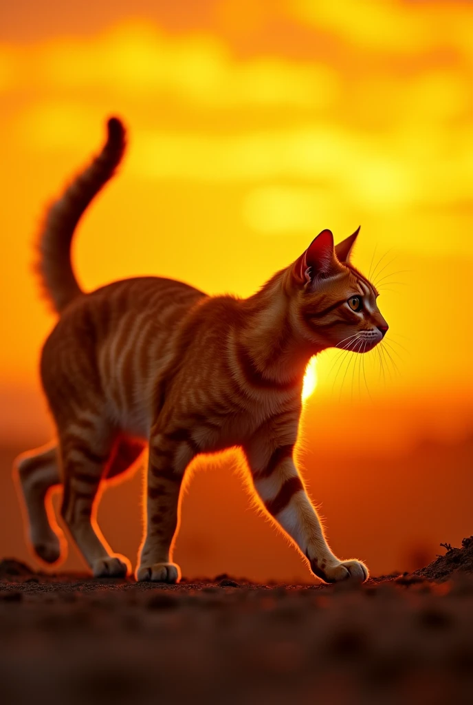 Red cat sideways against a yellow-orange sunset in the style of photography with dynamics.