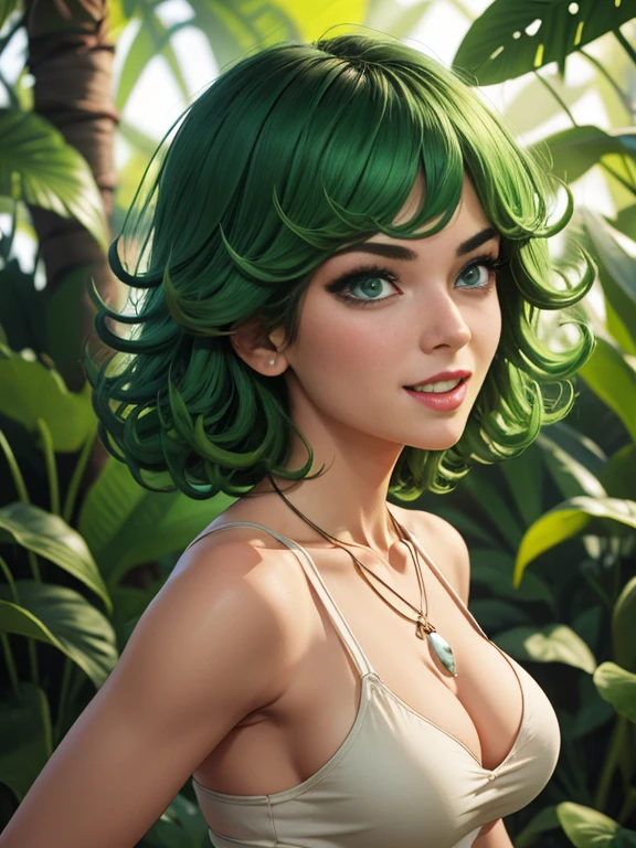 1girl, alone, Tatsumaki, Digital art, Tatsumaki, sexy,green hair, short hair, curly hair, perfect eyes, greem eyes, bone necklace, Detailed clothes, masterpiece, symmetrical, excited face, meduim breasts, medium thigh medium waist, wide hips, Jungle, front View, Bokeh, 4K Masterpiece, HDR