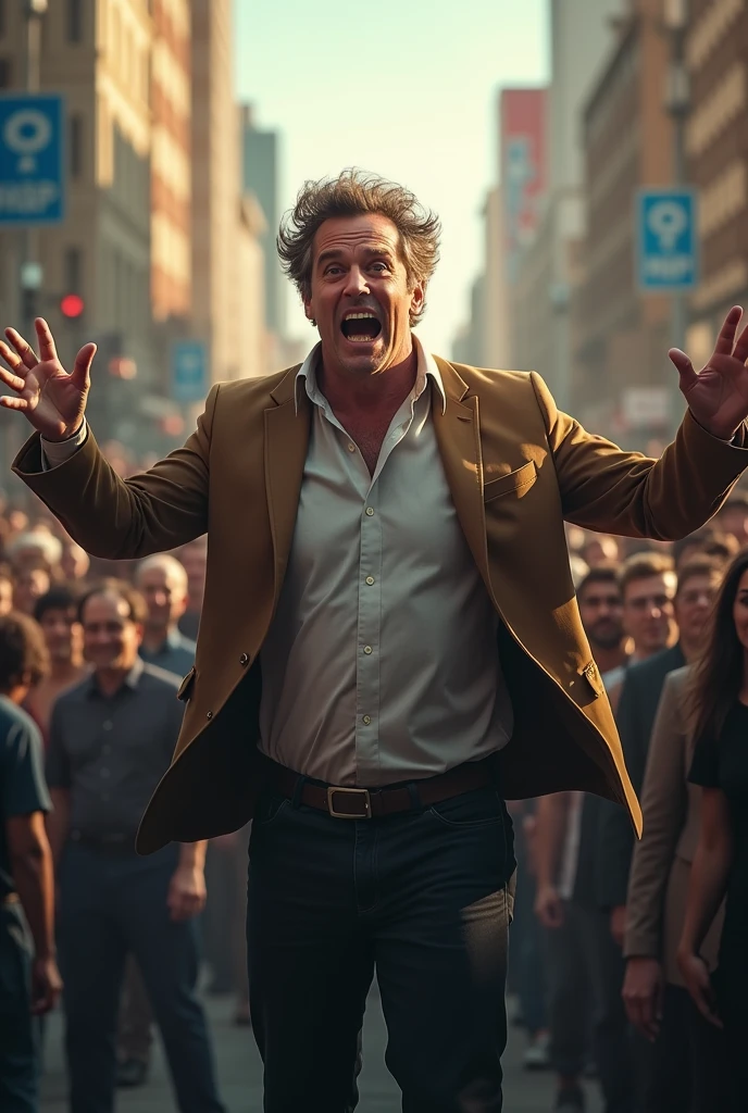 a man in a crowd is speaking loudly with uncharacteristic movements drawing everyone's attention to him
