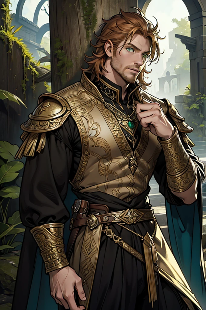 (masterpiece),(Very detailed),(Very detailed),(best quality), perfect lighting, fantasy man, 40 years old, solo, ((short messy ginger hair)), he have a staff in his hand, muscle, correct proportions, facial details, tall, stunning, beautifull face, green eyes, fantasy clothing, animated style, perfect face, highest detail, stubble, detailed face, intricate details, concept caracter