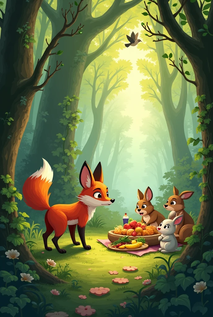 The Fox's Feast"**: A hungry Fox wanders through a forest in search of food. After numerous failed attempts to catch prey or find something satisfying, it stumbles upon a forest gathering where animals are sharing a feast. Write about how the Fox's interactions with the animals lead to an unexpected meal and a lesson in friendship.