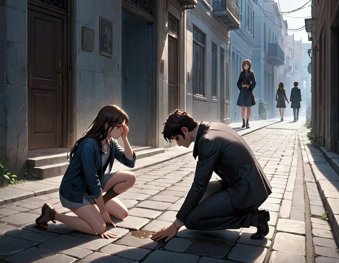 "A boy kneels on the ground, tears streaming down his face as he reaches out to a girl walking away from him. The girl, appearing indifferent or detached, continues to walk away, leaving the boy in a state of despair and "A boy kneels on the ground, tears streaming down his face as he reaches out to a girl walking away from him. The girl, appearing indifferent or detached, continues to walk away, leaving the boy in a state of despair and longing."