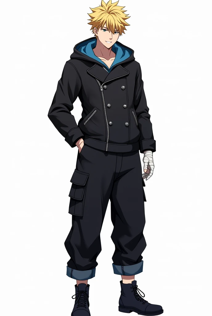 Jujutsu Kaisen, masculine, attractive, blonde hair, short and messy hair, eyes the color of honey, Black fitted buttoned leather jacket with blue fleece on the hood, black baggy pants, black shoes, bandage on one of his hands, superb smile, Whole body, white background, anime, 4k