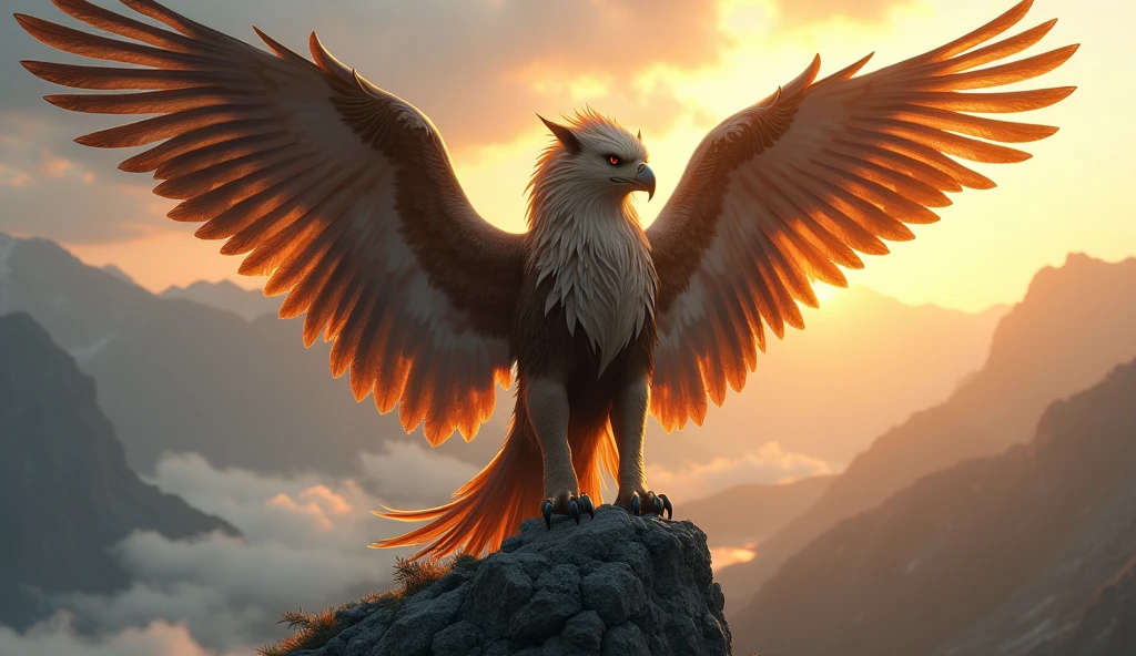 Create an ultra-realistic, highly detailed image of a Griffon, a legendary creature with the body of a lion and the head, wings, and talons of an eagle. The Griffon's eagle head is noble and fierce, with sharp, intelligent eyes and a powerful beak. Its massive wings are spread wide, showcasing intricate feather details that catch the light. The lion's body is muscular and majestic, with a sleek, golden-brown coat and strong, clawed paws. The Griffon stands on a high mountain peak, with the wind ruffling its feathers and fur, overlooking a vast, misty valley below. The scene is bathed in the warm glow of a setting sun, highlighting the creature's powerful and regal nature.