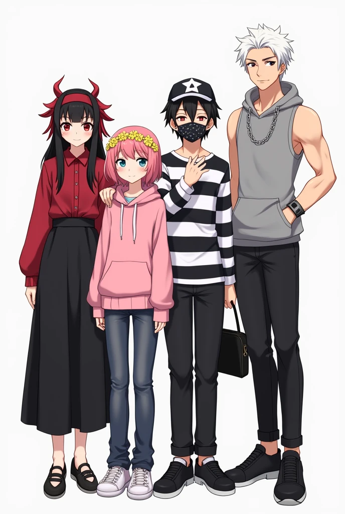 2 girls and 2 guys,they only 4 PEOPLES,they all the same height 170cm

one of the girl has red and black hair, she's wearing red long sleeve shirt and black long skirt.

Another girl has pink hair with kpop's TWICE merch such as headband and pink hoodie and she has yellow flowers crown.

one of the guy has a black hair and hes the only wearing face covered mask, he's also has a Japanese type of cap and its black, he's wearing long sleeve shirt wuth black and white striped pattern.

Another 1 guy,has a white hair,has a star binie cap and wearing sleeveless grey hoodie and carry a black bag, he's didn't wear a mask but he's wearing a silver chain around his neck,he has bicep

they all taking a group photos in formal for a profile picture 