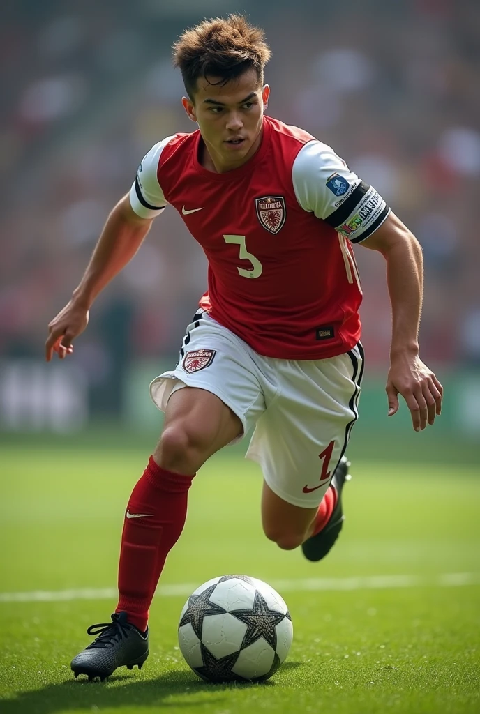 Soccer player, defender, number 3 shirt, strong, brown eyes, very short hair, with captain's armband, black boots, realistic