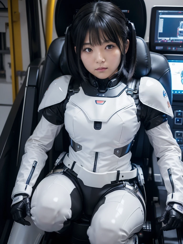 Japanese women,Black Hair,Machine cockpit,Secured to the seat with a thick belt,Plump,Slightly thicker,Squat,White robot suit,There is a control panel on the chest.,Surrounded by machines,
