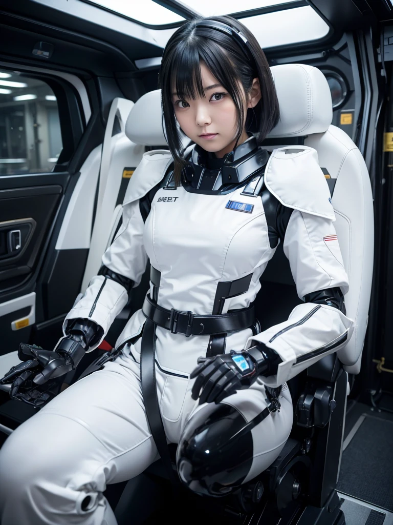 Japanese women,Black Hair,Machine cockpit,Secured to the seat with a thick belt,Plump,Slightly thicker,Squat,White robot suit,There is a control panel on the chest.,Surrounded by machines,