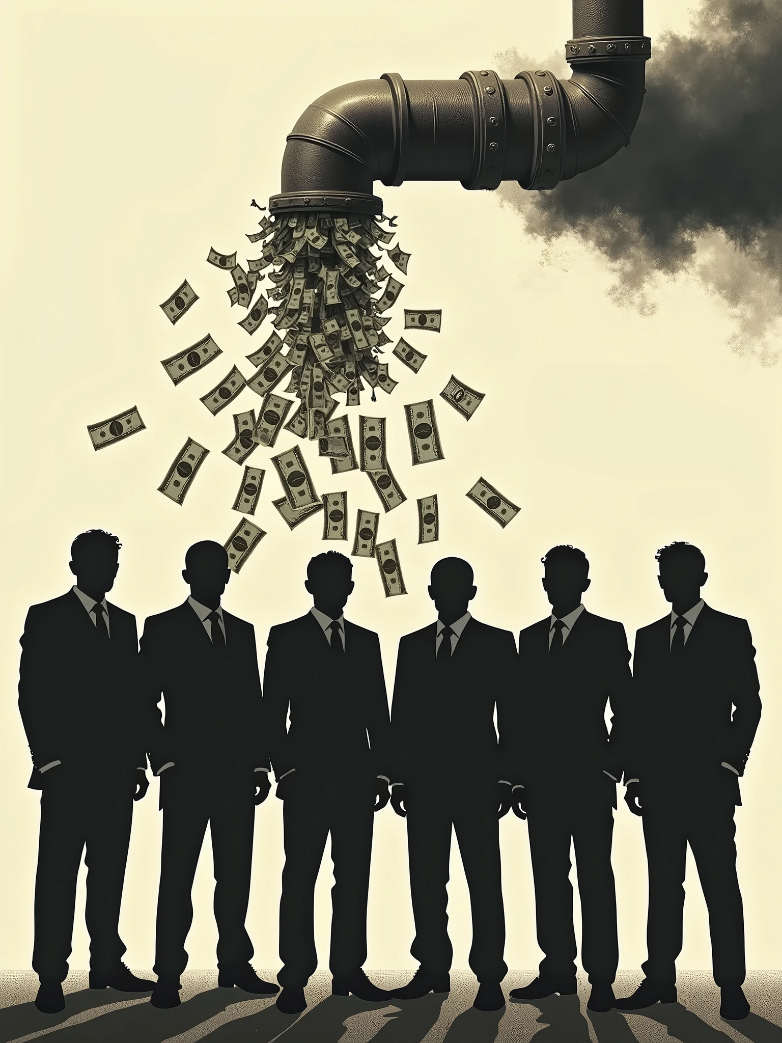 6 humans, next to each other, not clear, just your figure, silhuette, There are only six people, a pipe spewing money in the background, the bills are shown coming out of the pipe -variation-