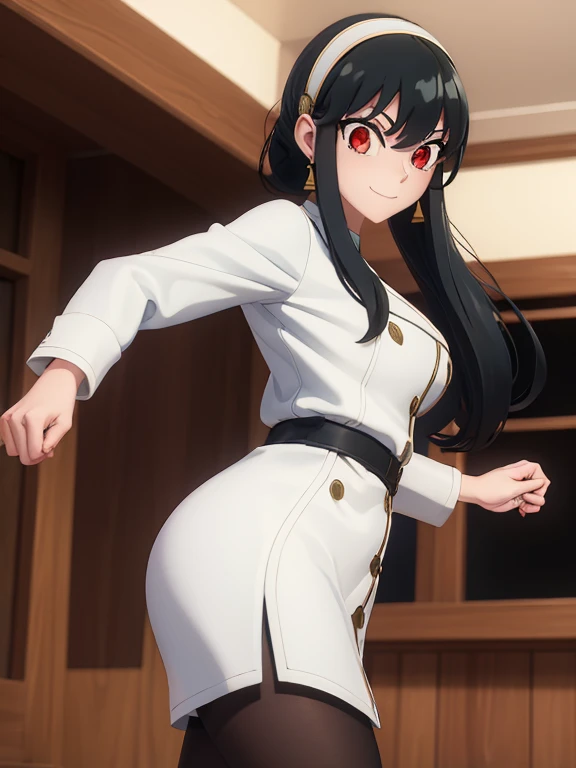 yorbriar, yor briar, black hair, (red eyes:1.5), earrings, gold hairband, hairband, long hair, sidelocks, (medium breasts:1.2), smile, BREAK White trench coat, black leggings, shiny leggings, white heel boots, BREAK indoors, BREAK looking at viewer, (cowboy shot:1.5), BREAK action pose, kicking at viewer, kicking, fighting pose, martial arts, high_kick BREAK (masterpiece:1.2), best quality, high resolution, unity 8k wallpaper, (illustration:0.8), (beautiful detailed eyes:1.6), extremely detailed face, perfect lighting, extremely detailed CG, (perfect hands, perfect ???????),
