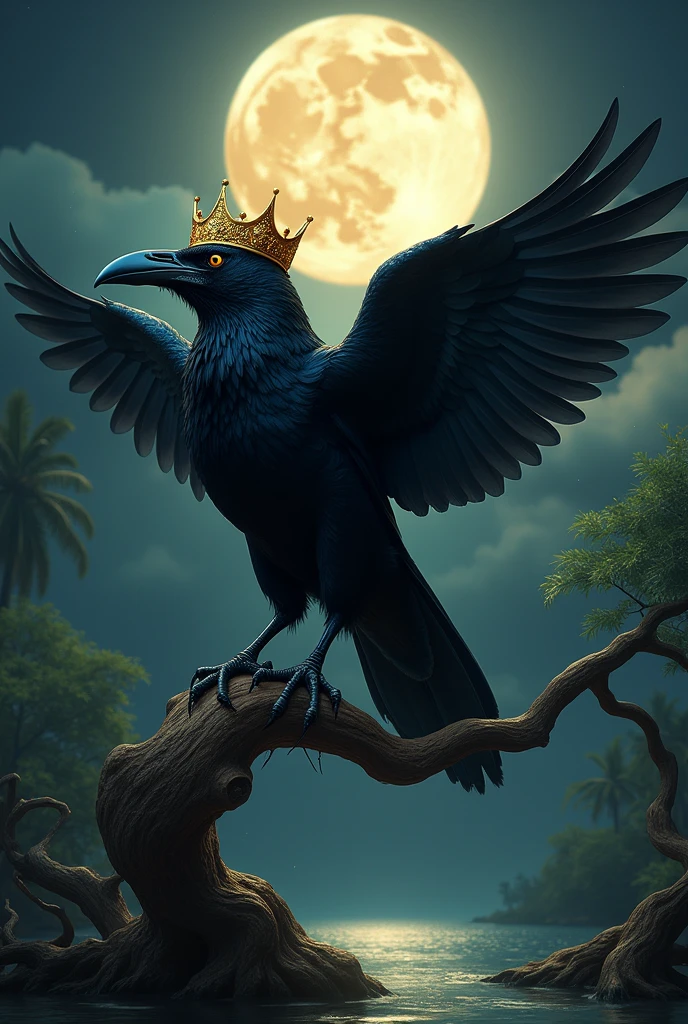 Black crow doing double biceps and wearing a golden crown. Perched on a tree trunk in the Brazilian mangrove swamp. Night sky with radiant moon