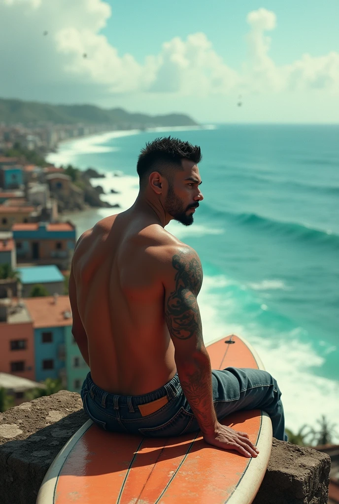 wide shoot behind a kinda muscular favela, brazilian dude sitting of an surfing board at the ocean, looking to the left, he has a V low fade.and a small brazilian mustache