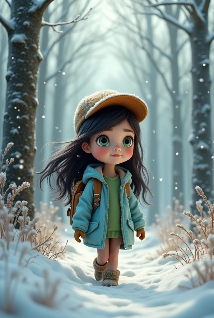 It generates an image of Lola, the girl with long dark brown hair with soft waves, wearing her light blue jacket, green T-shirt and light-worn brown cap. He carries his brown backpack over his shoulders as he walks through a snowy forest. Her large emerald, green eyes reflect her curiosity as she watches the snowflakes gently fall around her.