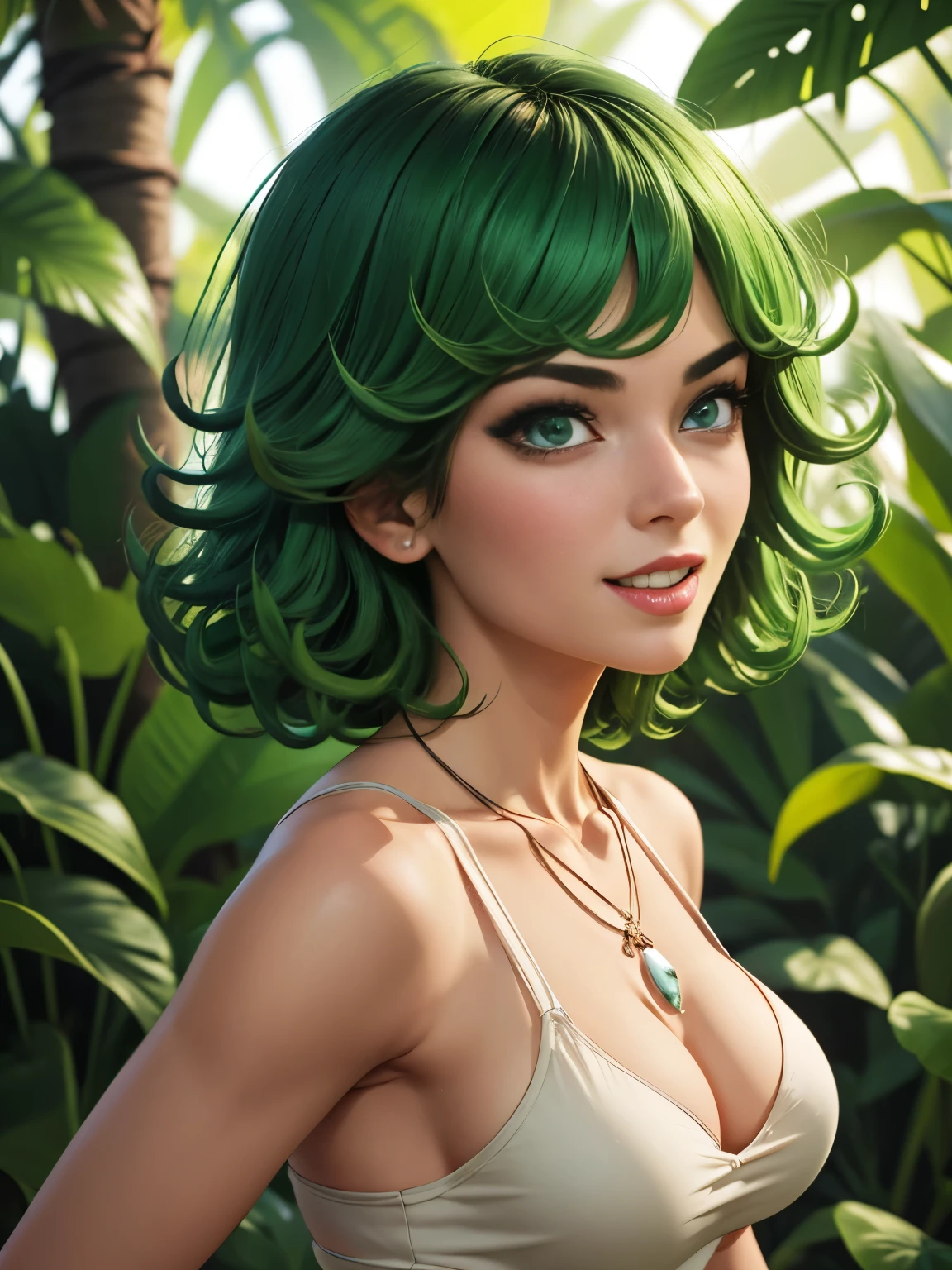 1girl, alone, Tatsumaki, Digital art, Tatsumaki, sexy,green hair, short hair, curly hair, perfect eyes, greem eyes, bone necklace, Detailed clothes, masterpiece, symmetrical, excited face, meduim breasts, medium thigh medium waist, wide hips, Jungle, front View, Bokeh, 4K Masterpiece, HDR