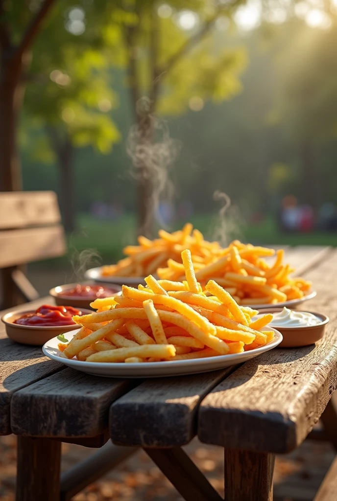 3 plates of freshly steaming fries with ketchup and mayonnaise on a park table with a wooden bench behind it in a zoo
