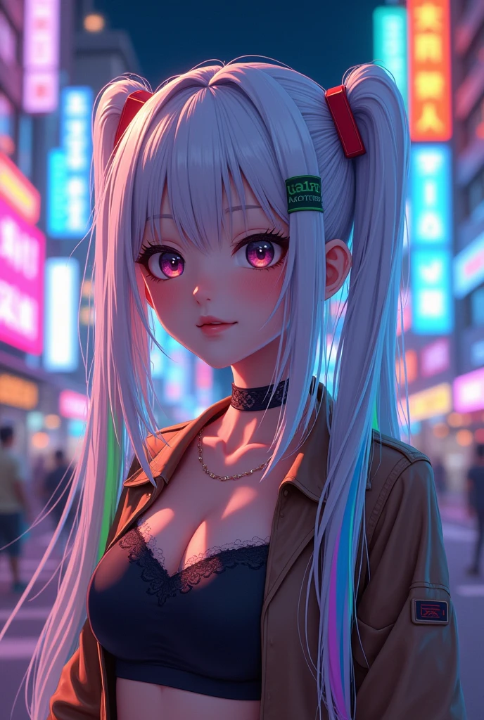 masterpiece, best quality, HuTaoV4, 1girl, solo, blush, rainbow twintails, white long hair, rainbow hair between eyes, ((streetwear clothes)), city, outdoors, night, movie poster, extremely detailed 8K, smooth, high resolution, ultra quality, cinematic lighting, ambient occlusion, hd, 2k, 4k, 8k, 16k, extremely detailed anime, detailed faces, perfect composition, wide shot, atmospheric lighting, very sexy, lift skirt, uncensored, nsfw, sin censura