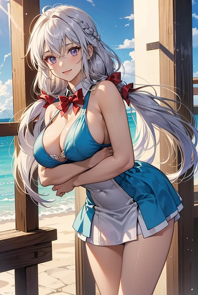 ((masterpiece)), ((Best quality)), (high resolution), (illustration), (an extremely delicate and beautiful), (ultra detailed beautiful face and eyes), nsfw, 1girl, leaning forward, YukineChris, long hair, purple eyes, twintails, low twintails, ahoge, large breasts, fishnet pantyhose, red a bow tie, volumetric lightning,
detailed skin texture, detailed, volumetric shadow, anime screencap,Highest quality, Sorceress, ancient babylonian nobility, ((tan skin:1.2)), (brown skin color),Long hair, twin braids, hair ornament, wine colored hair, smile, Below average size breasts, bare shoulders, (underboob:0,Red leotard)clothes get torn、Cross your arms、Wide-open legs、Standing with your legs apart、front、Leg spread、Groin、bikini、Two Piece、Yukine Chris、Symphogear、Wet、lake、lake畔、shrine、Bi、紺Bi
8K, masterpiece, Best_quality, high_resolution, ultra_details, detailed, 1girl, 独奏, looking_at_viewer, upper_body, braid, blurry, bangs, white_hair, blurry_background, collared_shirt, church, Blue_dress、hair_ribbon, hair_between_eyes,
sidelocks,depth_of_field,light_particles,sun_shine,snow、french_braid, Alphonse Mucha Style, sharp focus, perfect hands, perfect face, perfect eyes, perfect light, dynamic light, natural light, Masterpiece, Best quality,