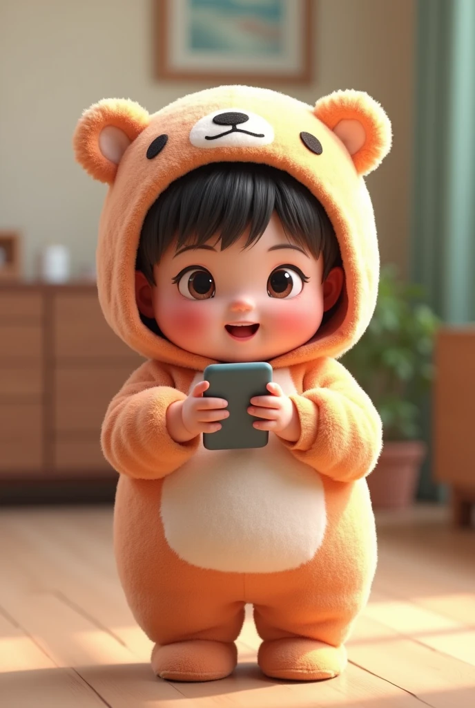 (girl),(()) ,3d images ,Highest quality 8K ,Chubby body shape,((Very fat)),Pink cheeks,podgy,Good mood,((เล่นMobile phone)),((Mobile phone)),((Open your eyes.)),Put on a stuffed animal costume,Balanced lighting,blurred background,Middle of the picture