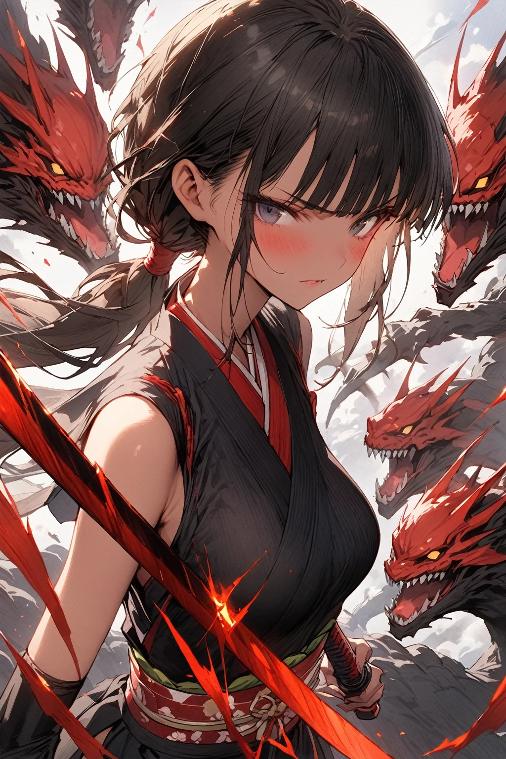 portrait,upper body、(A woman fighting countless monsters),((masterpiece,Highest quality:1.3,best quality illustration)), solo,1woman,(Mature Japan beauties)、black hair,(low ponytail hair style),long hair,blunt bangs,black eyes,gorgeous eyes,((very small head:1.3)),blush,Serious expression,((very long body:1.2)),medium breasts,(tan skin), (gleaming skin,toned body,slender body, skinny),(Female Ninja Costume、A simple, patternless black kimono、、Black Skirt、Side slits,Holding a precisely rendered Japanese sword),