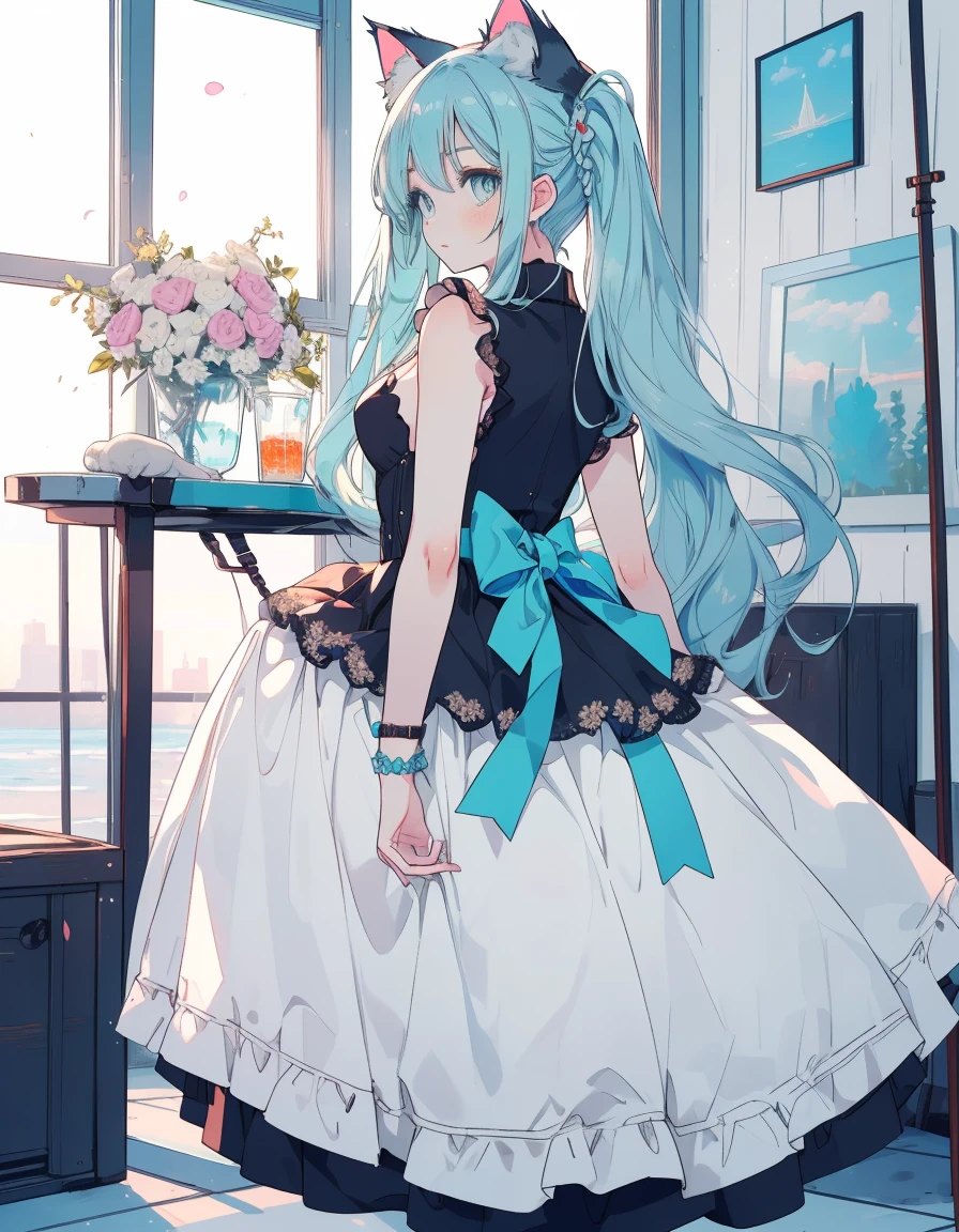 twin tail, rainbow hair color, Idol, stage, full body, ((masterpiece, best quality:1.5)), ((Beautiful detailed cat aqua eyes:1.2)), cat ears, pale skin, medium breasts, beautiful hands, beautiful fingers, EasyNegative