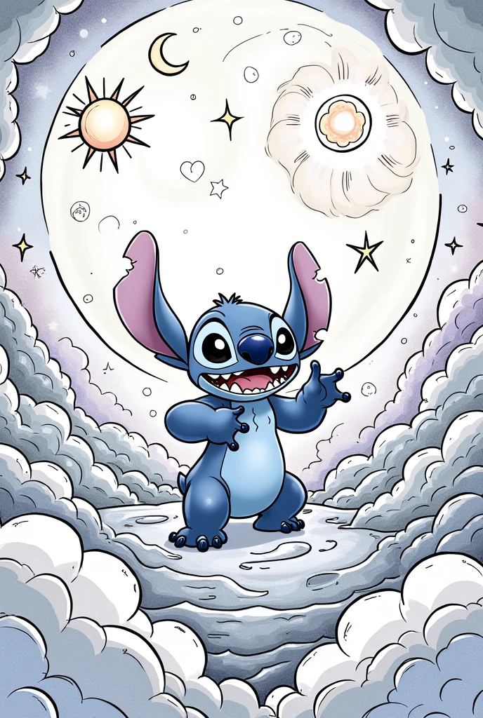 make a coloring drawing of the stich in the universe and the moon and the sun to color