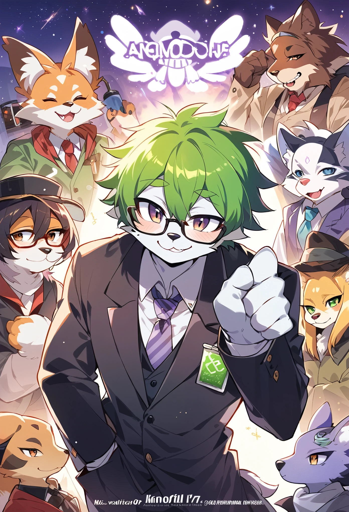 rating_safe, score_9, score_8_up, score_7_up, score_6_up, score_5_up, score_4_up, hires, highres, source_furry, cover page(kemono, furry anthro, angelic handsome 1boy, Smiling embarrassedly, glasses)professor, Lab of a crazy alchemist, chemical that shines, Beautiful lights and shadows,