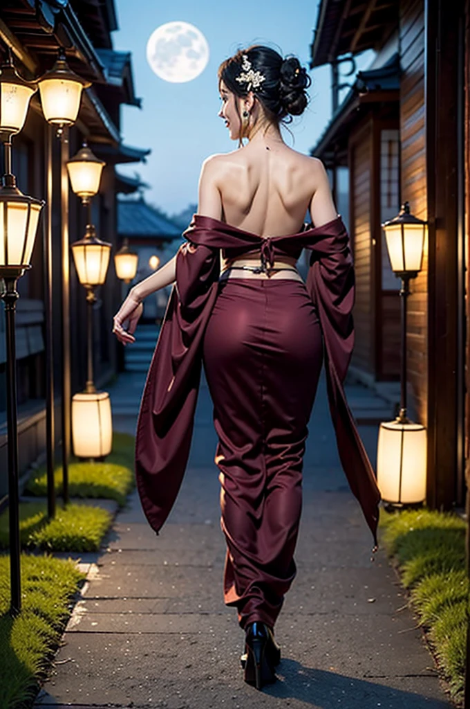 ((skinny)), ((tiny body)), Under the mesmerizing moonlight, in a serene Japanese garden, a beautiful woman in a partially undone kimono reveals her elegant shoulders and back. Her demure yet seductive gaze is full of hidden secrets. As she gracefully strolls along the garden path, she occasionally pauses to offer a fleeting smile towards the moon. The soft illumination of traditional lanterns creates an enchanting atmosphere, while her loosely tied hair waves gently, adding to her elegance and allure.