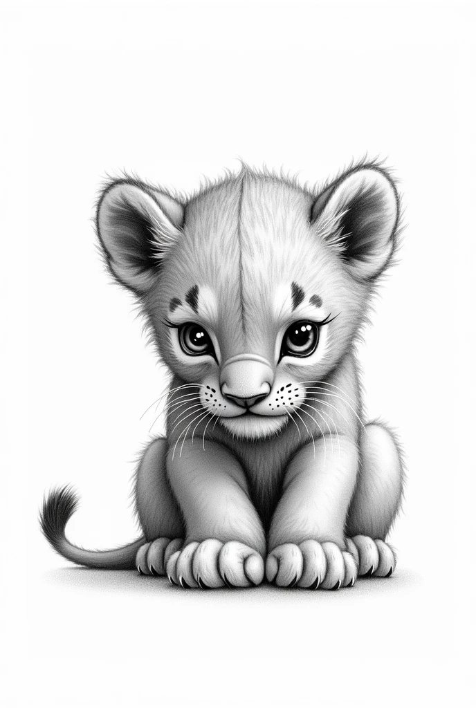 drawning, lion cub head, drawning à lápis, black strokes, white background, realisitic, lowering the head, cute face, Defined traits, traço de drawning, 