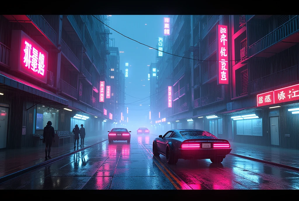A futuristic city at night, with constant rain falling on wet streets that reflect the vibrant lights of pink neon signs, blue and purple. high buildings, with illuminated windows, involve the narrow streets. Light mist mixes with rain, partially obscuring the silhouettes of buildings. Floating cars pass slowly, their lights merging with the glow of the signs. In dark alleys, the distant sound of machinery and conversations echoes softly, while small businesses blink with neon signs under dripping awnings.